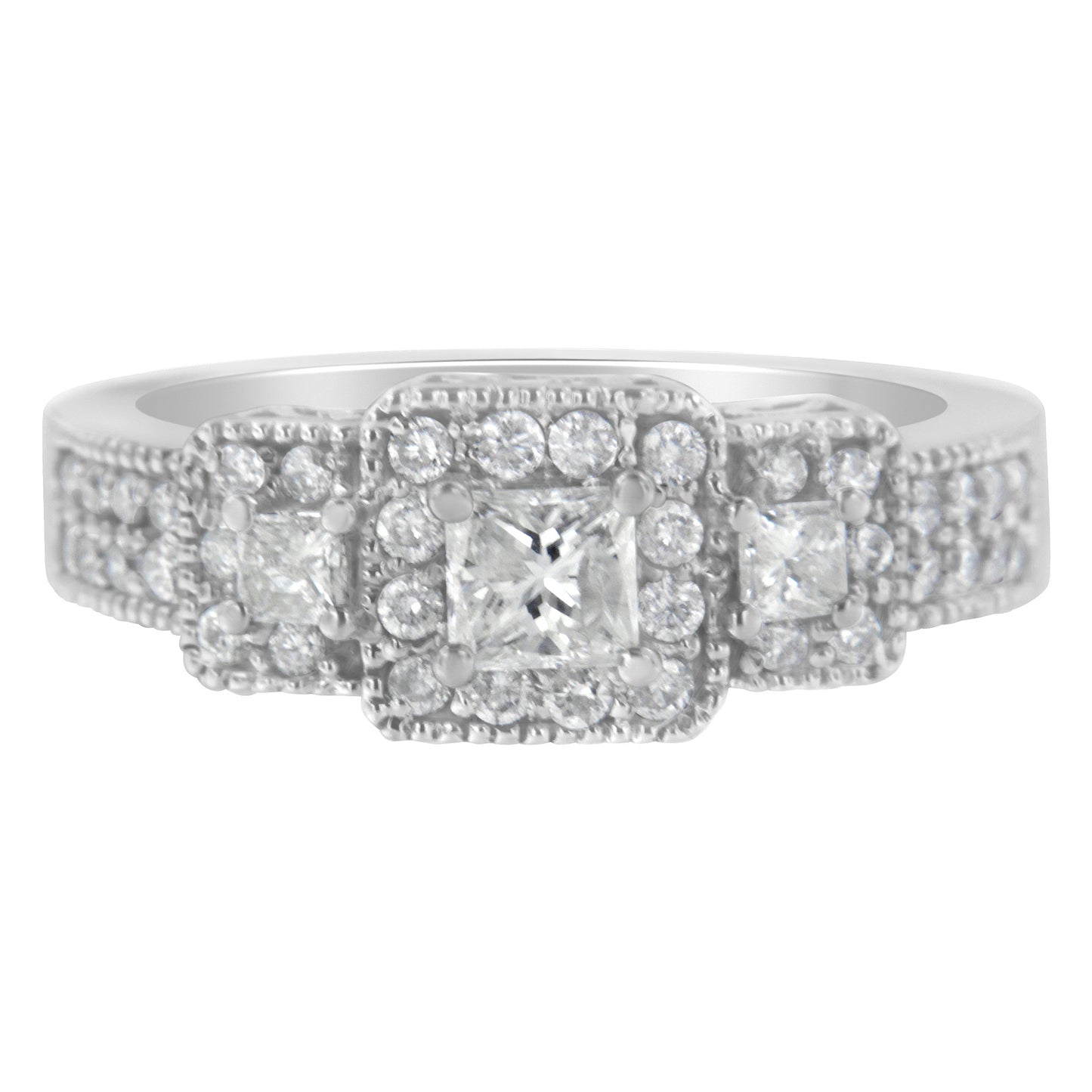 14K White Gold Round and Princess-Cut Diamond Three Stone Ring (1 Cttw, H-I Color, I1-I2 Clarity)