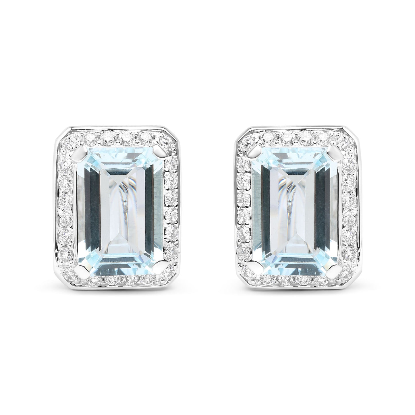 18K White Gold 3/4 Cttw Round Diamond and 13x9mm Emerald Cut Blue Aquamarine Gemstone Halo Omega Stud Earrings (G-H Color, SI1-SI2 Clarity)