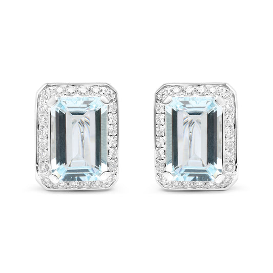 18K White Gold 3/4 Cttw Round Diamond and 13x9mm Emerald Cut Blue Aquamarine Gemstone Halo Omega Stud Earrings (G-H Color, SI1-SI2 Clarity)