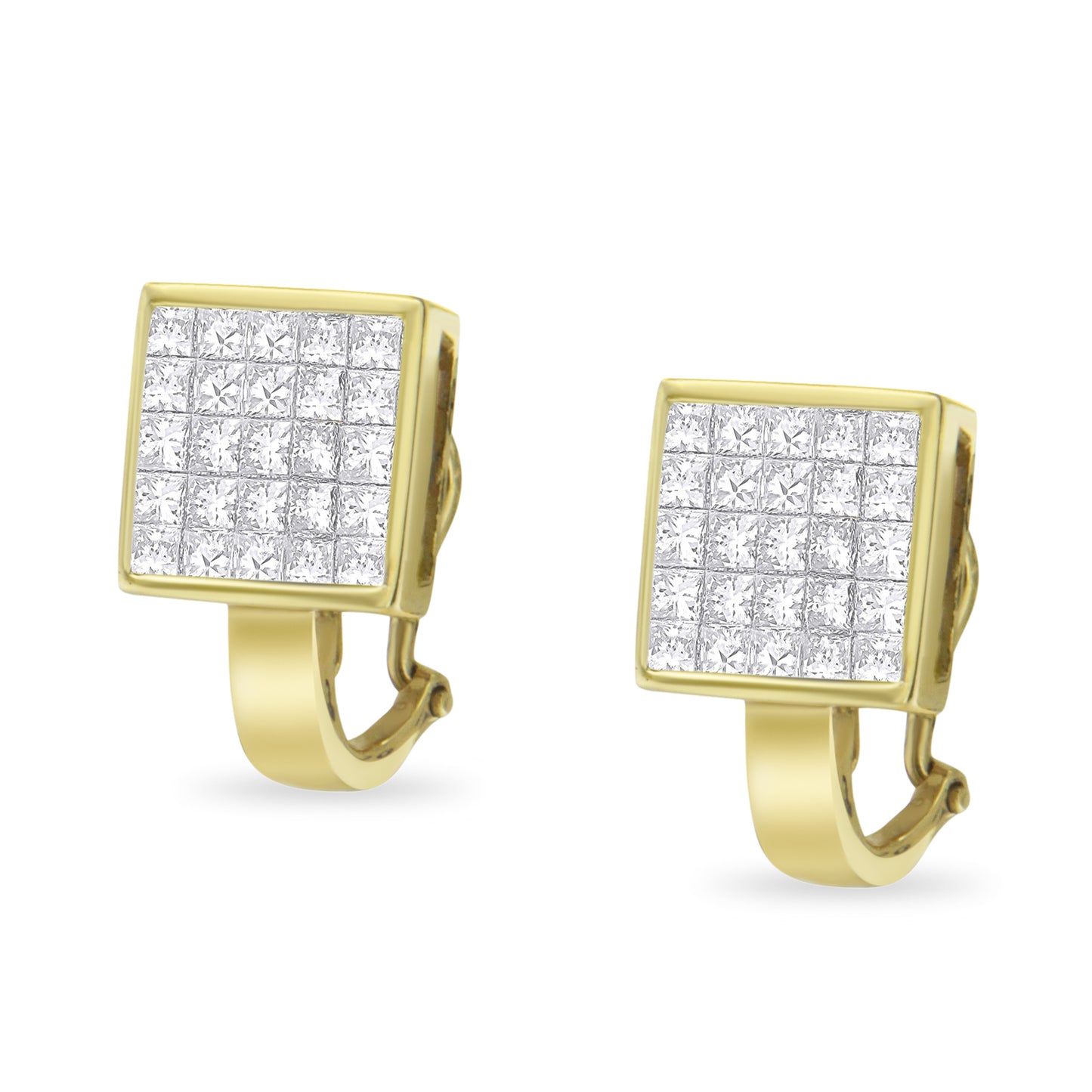 14K Yellow Gold 3-1/5 Cttw Princess Cut Diamond ¾ Square Invisible Set Grid Huggy Style Omega Back Stud Earrings (G-H Color, VS1-VS2 Clarity)