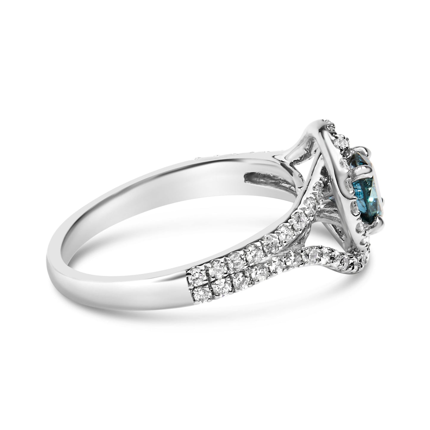 14K White Gold 1-1/3 Cttw White & Blue Diamond Interweaving Double Halo Cocktail Statement Ring (G-H and Fancy Blue Color, SI2-I1 Clarity)