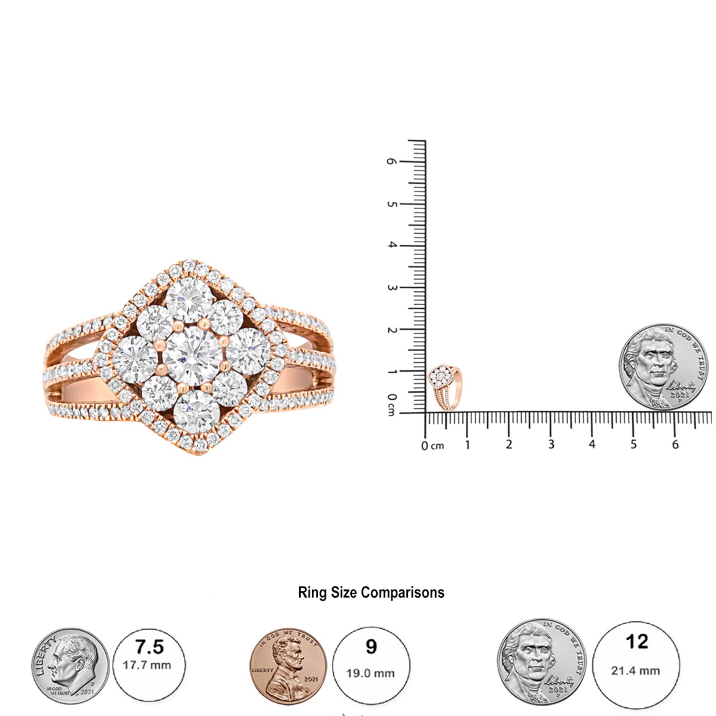 18K Rose Gold 1 1/4 Cttw Diamond Halo Cluster Split Shank Ring Band (F-G Color, VS1-VS2 Clarity) - Ring Size 6.5