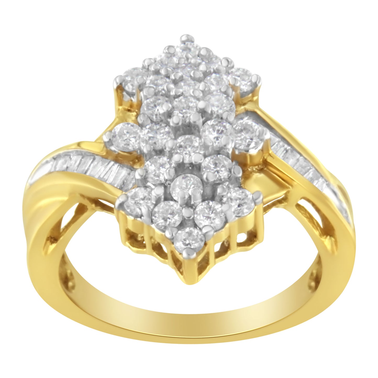 10K Yellow Gold Round And Baguette Cut Diamond Cluster Ring (1 1/10 Cttw, H-I Color, SI2-I1 Clarity)