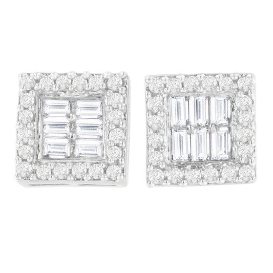 14K White Gold 1 cttw Round and Baguette Diamond Stud Earrings (H-I, SI1-SI2)