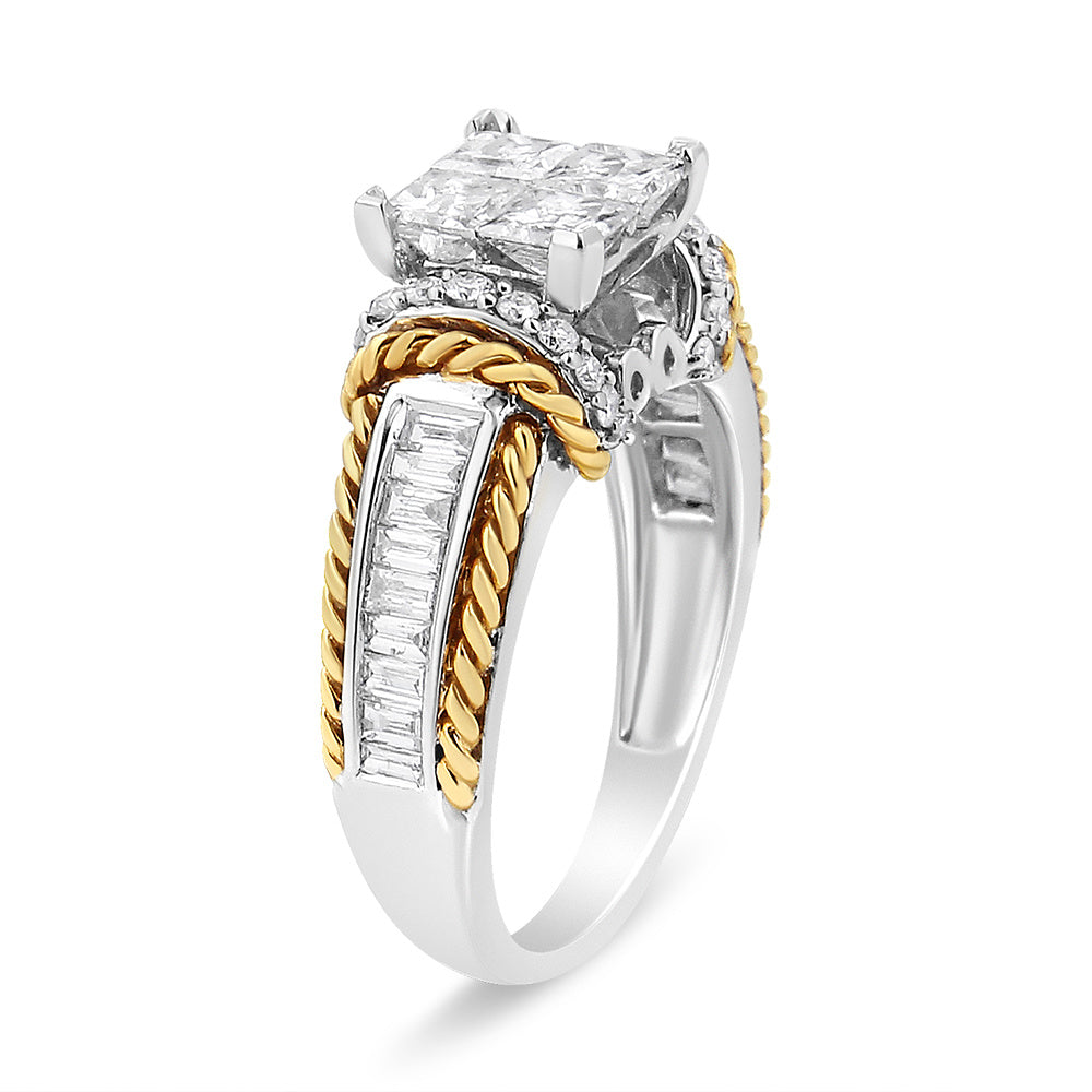 14K White and Yellow Gold 1 1/2 Cttw Invisible Set Princess-Cut Diamond Quad Style Engagement Ring (H-I Color, SI2-I1 Clarity) - Ring Size 7