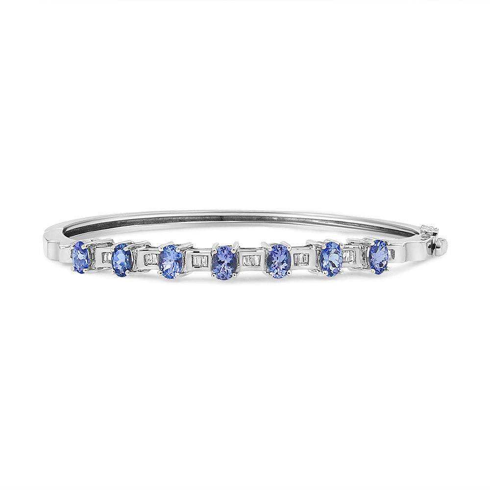 14K White Gold 5 MM Oval Blue Tanzanite and 1/4 Cttw Diamond Bangle (H-I Color, VS2-SI1 Clarity) - Fits wrists up to 7 1/2 Inches