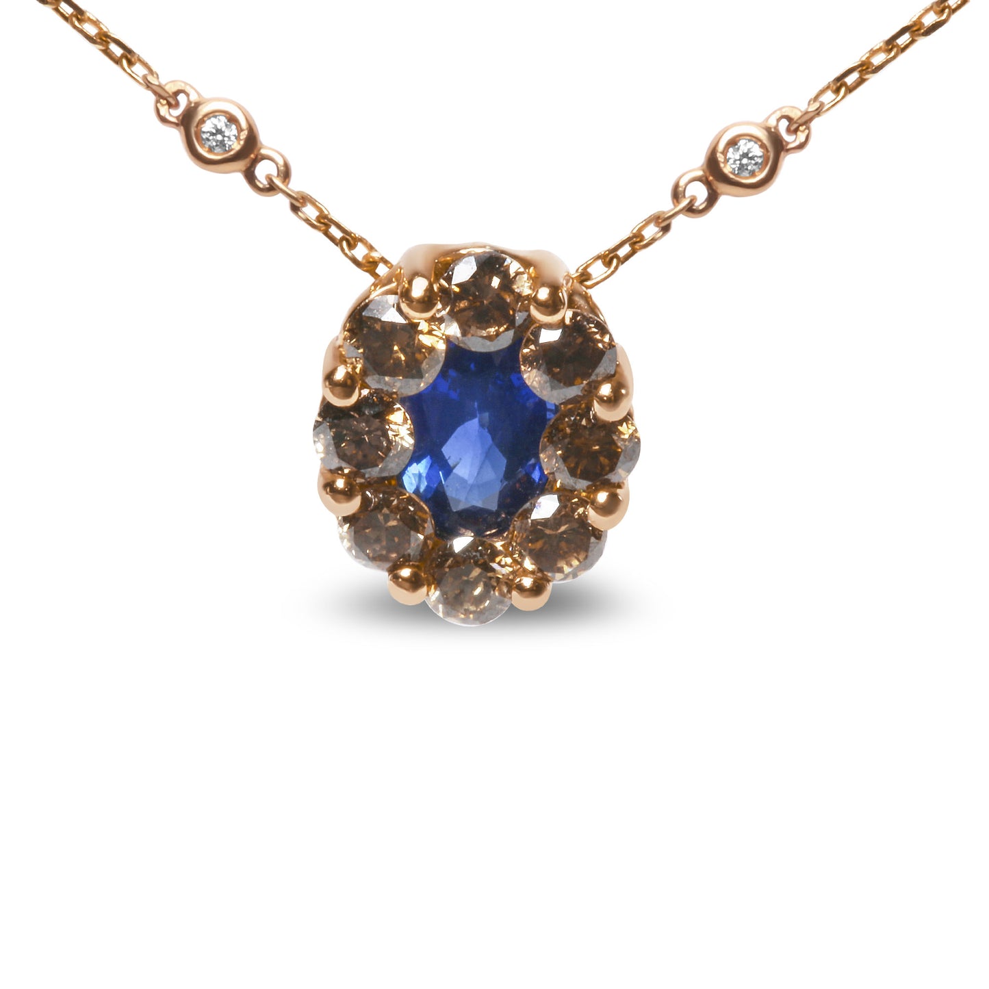 18K Rose Gold 5/8 Cttw White and Brown Diamond Accent and 7 x 4mm Oval Blue Sapphire Gemstone Statement Halo Cluster Pendant Necklace (Brown and G-H Color, SI1-SI2 Clarity)