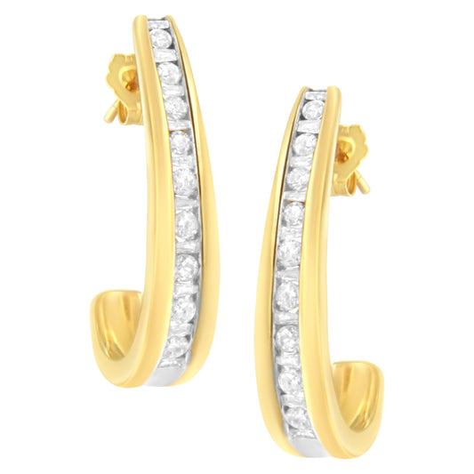 10K Yellow Gold 1 cttw Channel Set Diamond J-Hoop Earrings (H-I Clarity, I1-I2 Color)