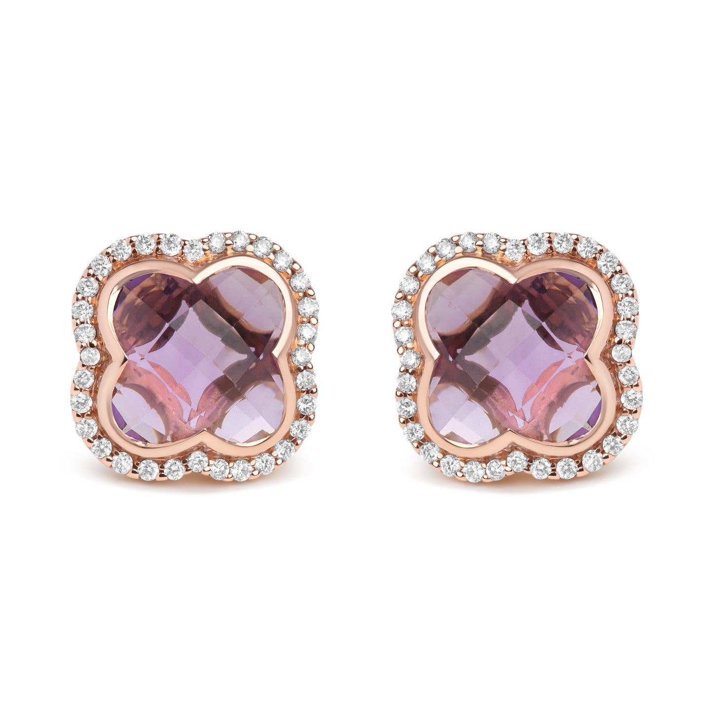 18K Rose Gold 3/8 Cttw Diamond and 11x11mm Clover-Cut Purple Amethyst Gemstone Clover Halo Stud Earrings (G-H Color, SI1-SI2 Clarity)