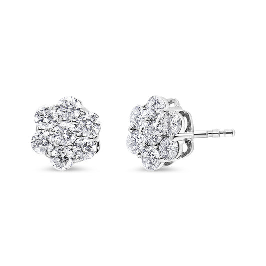 14K White Gold 7 Stone Floral Cluster Round Brilliant Cut Diamond Stud Earrings with Screw Backs(I-J, SI2-I1)