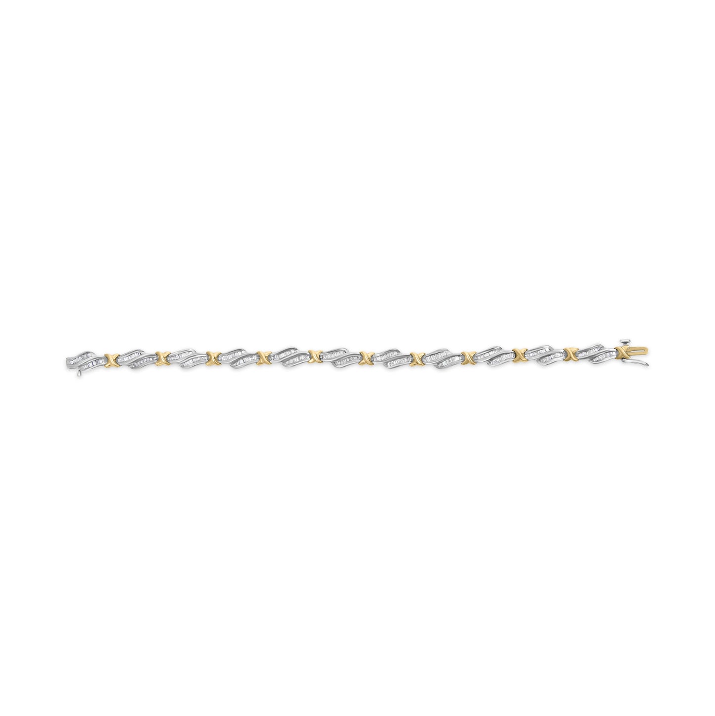 10k Two-Toned Gold 2.00 Cttw Channel Set Baguette-Diamond Weave and "X" Spiral Link Bracelet (H-I Color, I1-I2 Clarity) - 7"