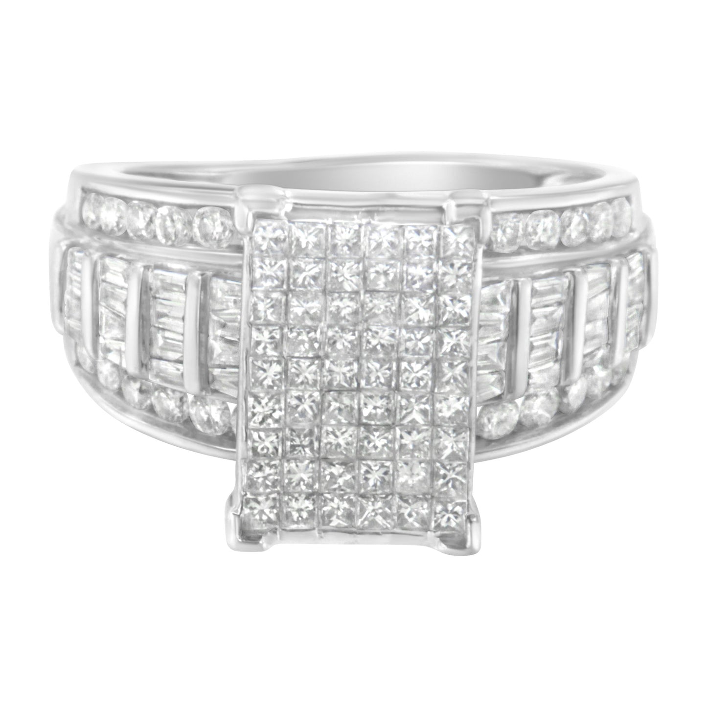 14K White Gold 2.0 Cttw Mixed-Cut Diamond Rectangle Invisible-Set Composite Cluster Ring with Bar- and Channel-Set Band (H-I Color, SI2-I1 Clarity)