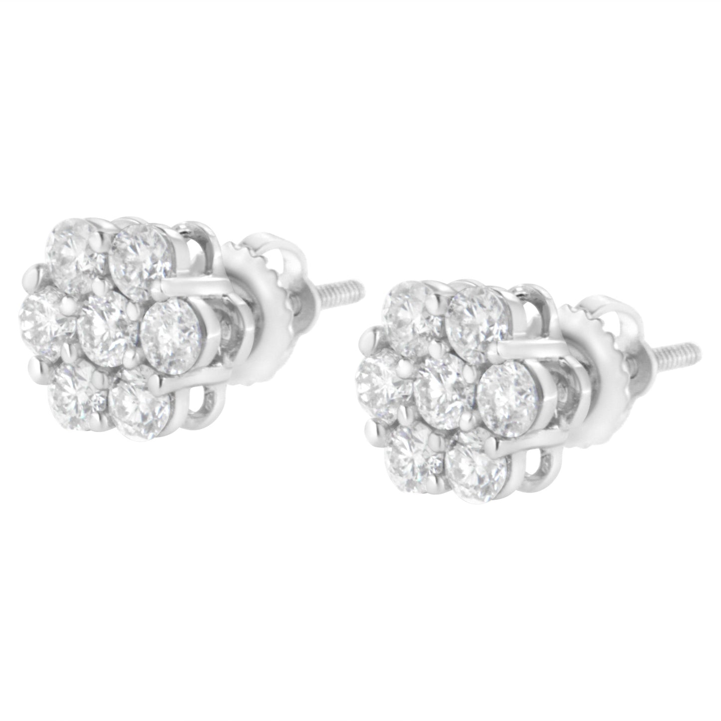 14K White Gold 7 Stone Floral Cluster Round Brilliant Cut Diamond Stud Earrings with Screw Backs(I-J, SI2-I1)