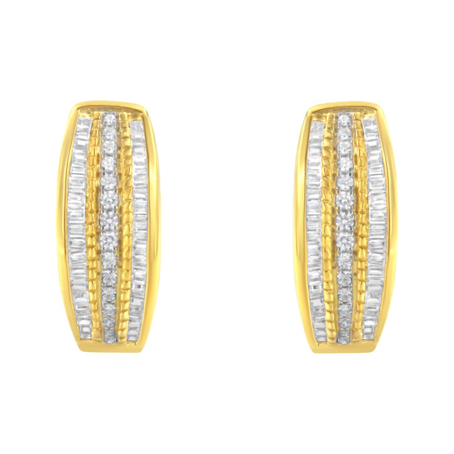 10K Yellow Gold 3/4 Cttw Pave and Channel Set Diamond Triple Row Modern Hoop Earrings (I-J Color, I2-I3 Clarity)