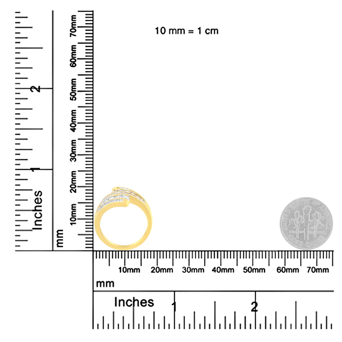 10K Yellow Gold 1 Cttw Round and Baguette-Cut Diamond Multi Row Bypass Ring Band (H-I Color, I1-I2 Clarity) - Ring Size 7