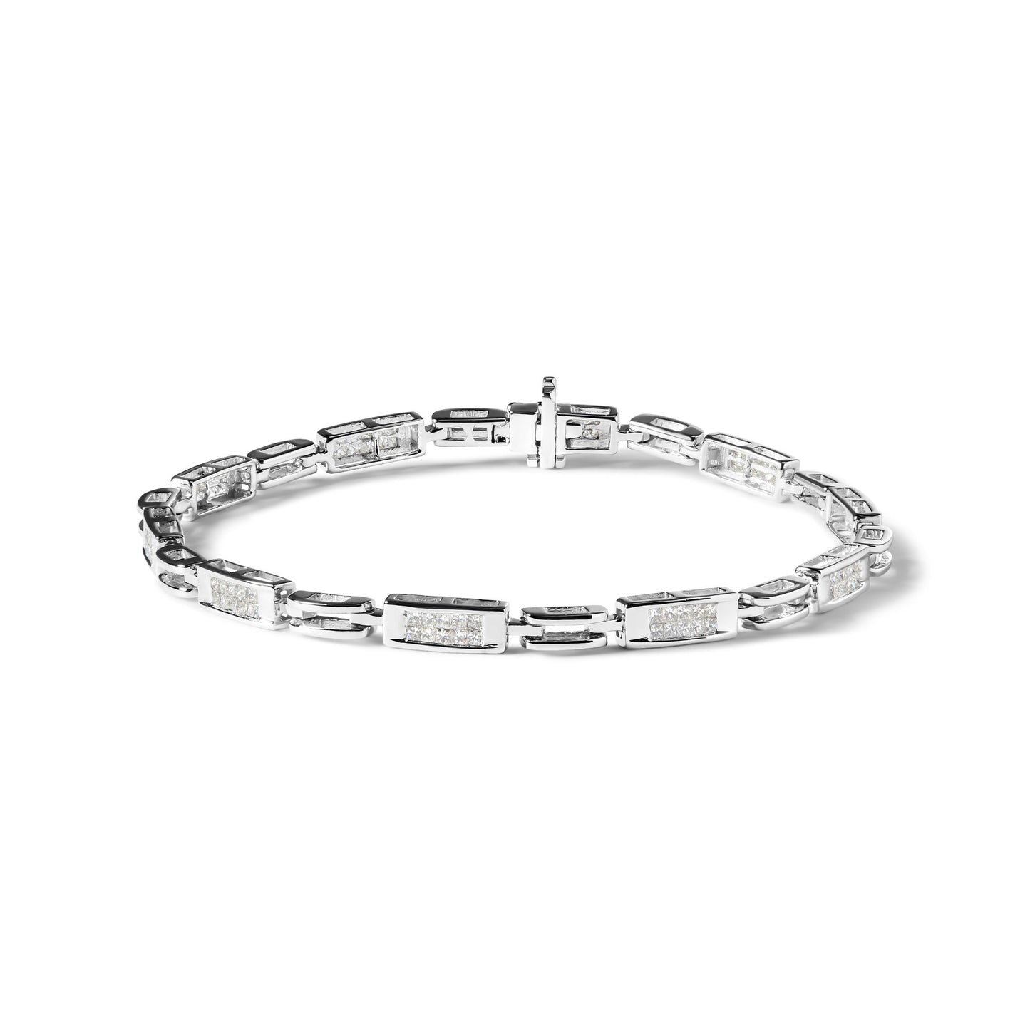 14K White Gold 1.0 Cttw Invisible Set Princess Cut Diamond Alternating Station and Link Tennis Bracelet (I-J Color, I1-I2 Clarity) - Size 7.25" Inches