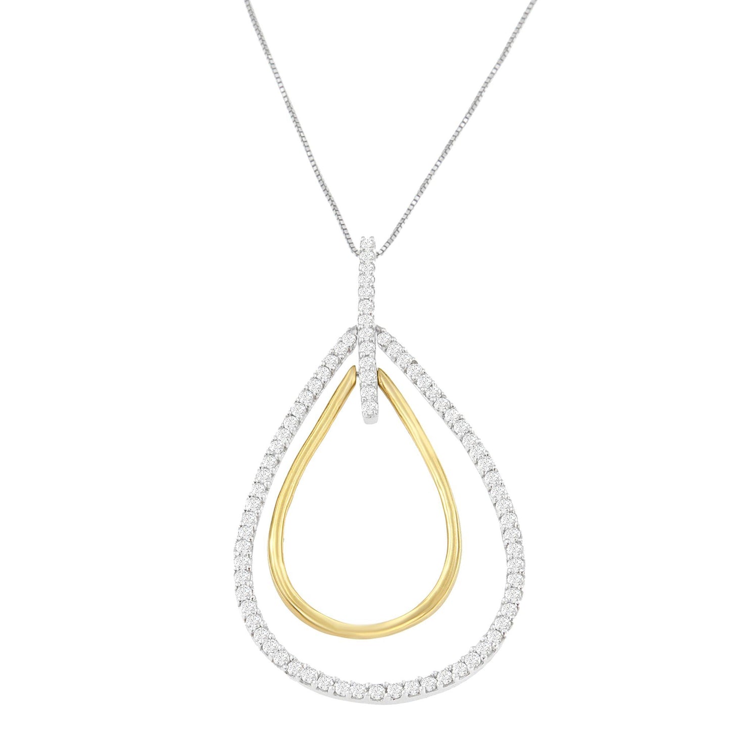 14K Two-Tone Gold Round Cut Diamond Double Burst Pendant Necklace (1.00 cttw, H-I Color, SI2-I1 Clarity)