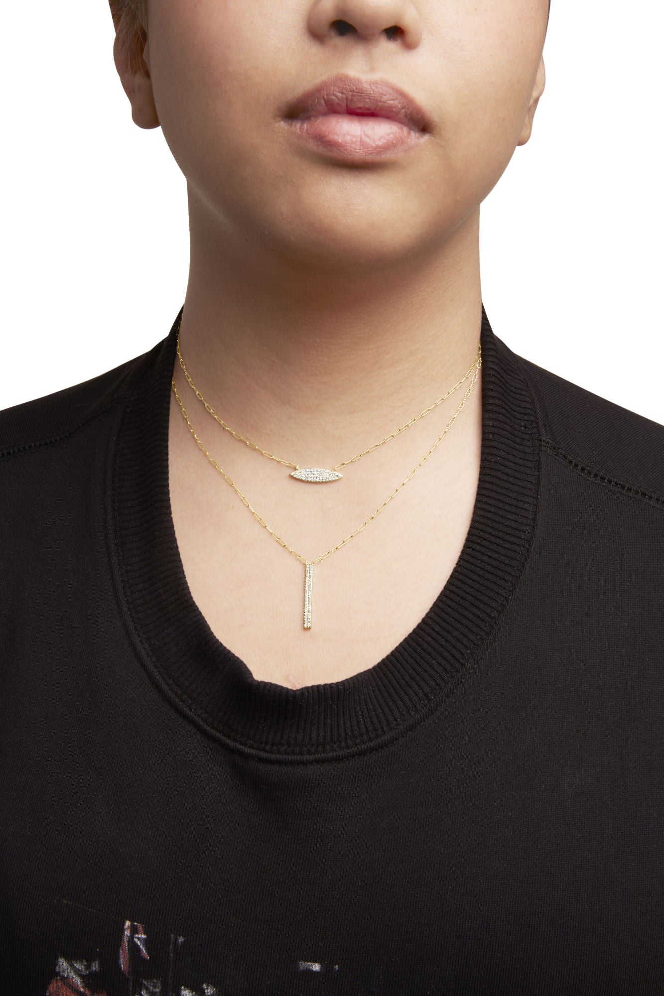 14K Yellow Gold 3/8 Cttw Two-Strand Marquise and Bar Charm Paper Clip Link Pendant Necklace (I-J Color, I1-I2 Clarity) -18" and 20" Inch Lengths