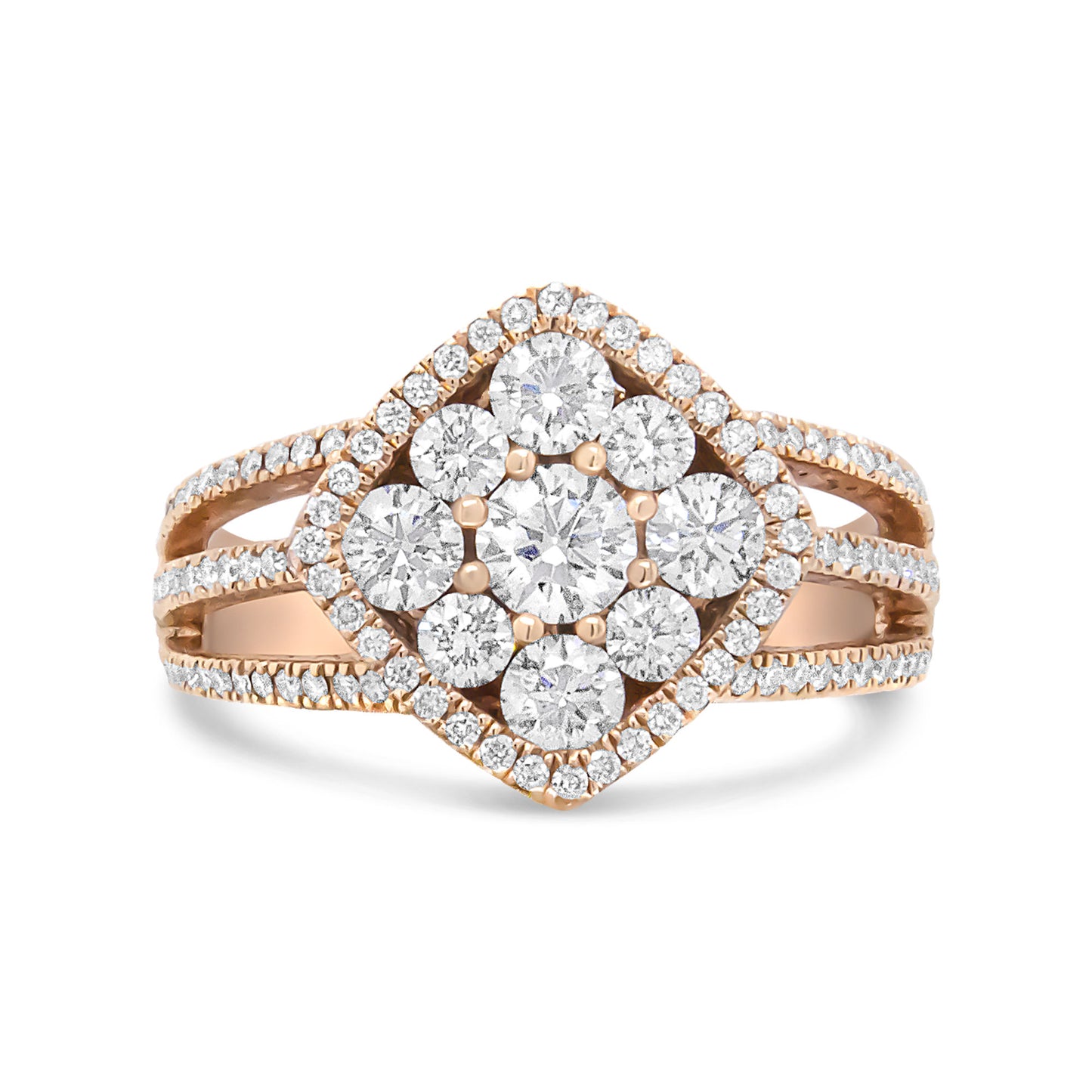 18K Rose Gold 1 1/4 Cttw Diamond Halo Cluster Split Shank Ring Band (F-G Color, VS1-VS2 Clarity) - Ring Size 6.5