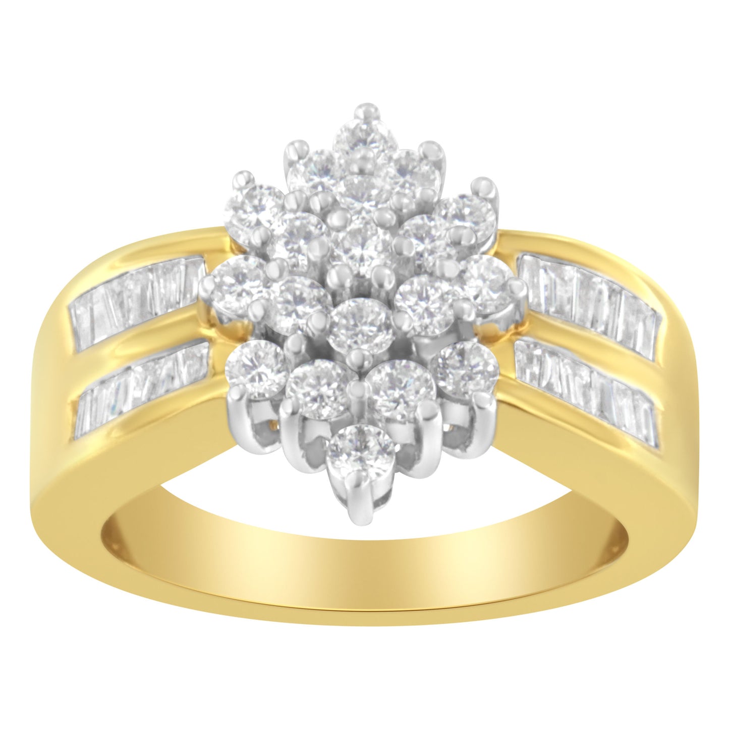 10K Yellow Gold 1.0 Cttw Round & Baguette Cut Diamond Floral Cluster Double-Channel Flared Band Statement Ring (H-I Color, SI2-I1 Clarity)