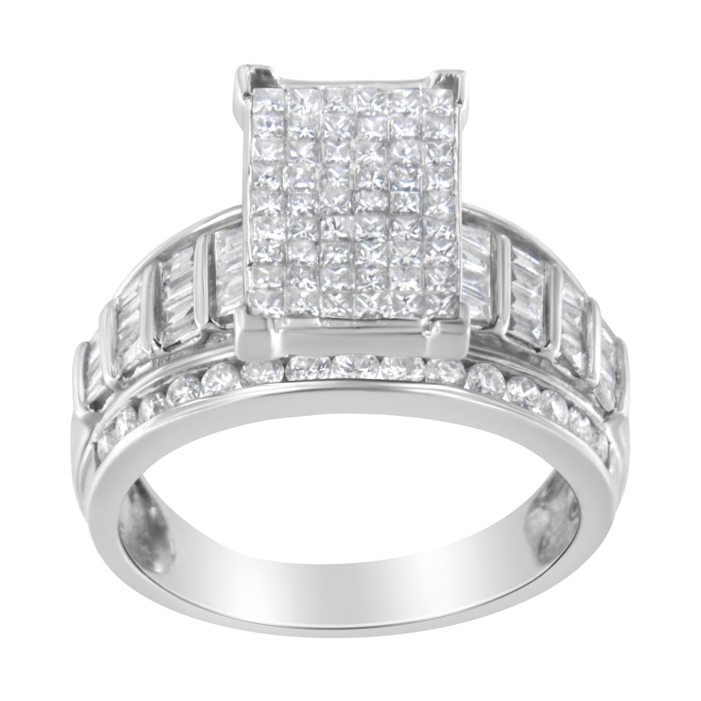 14K White Gold 2.0 Cttw Mixed-Cut Diamond Rectangle Invisible-Set Composite Cluster Ring with Bar- and Channel-Set Band (H-I Color, SI2-I1 Clarity)