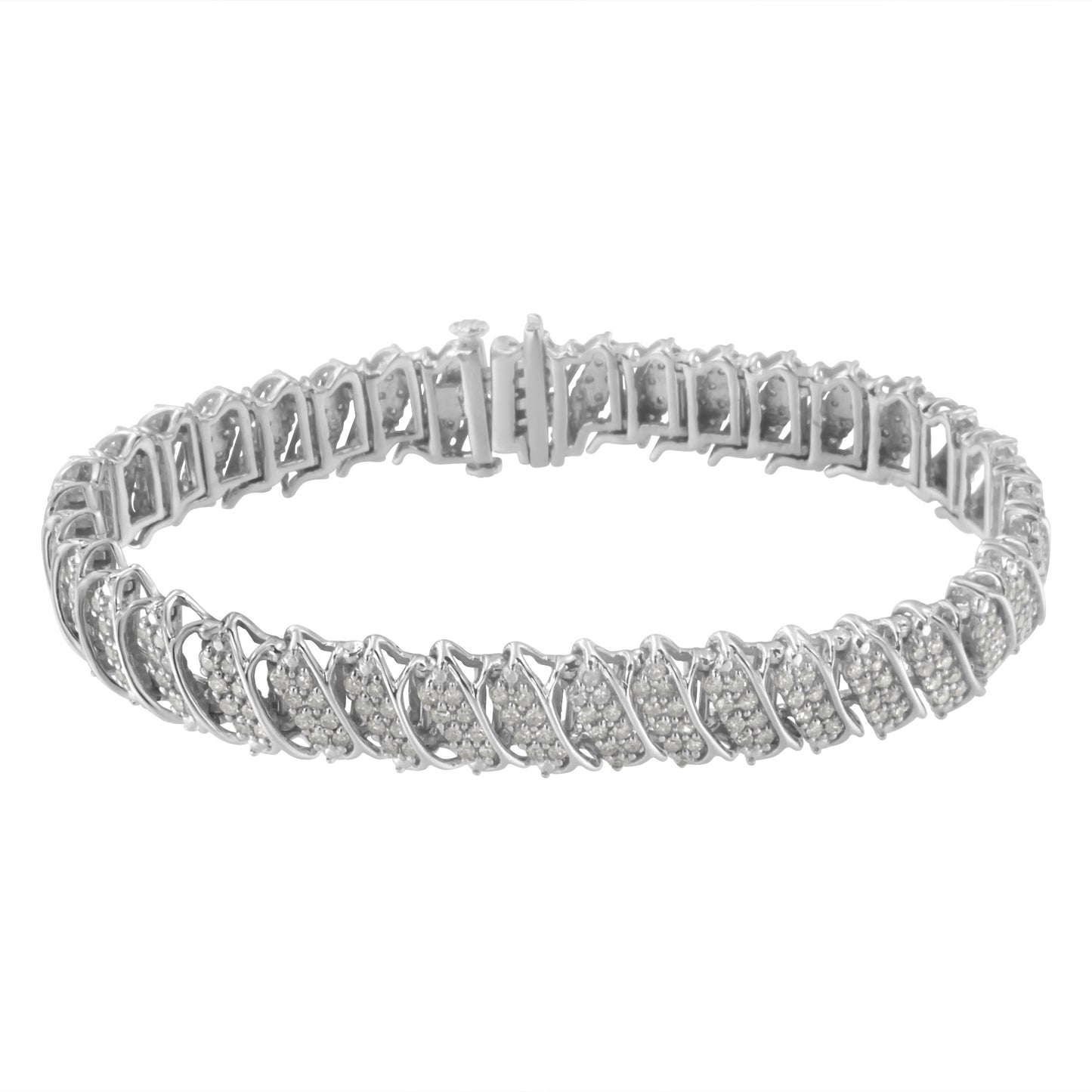 .925 Sterling Silver 3.0 Cttw Diamond Multi Row Cluster Slanted Wave Link 7-¼' Tennis Bracelet (I-J Color, I2-I3 Clarity)