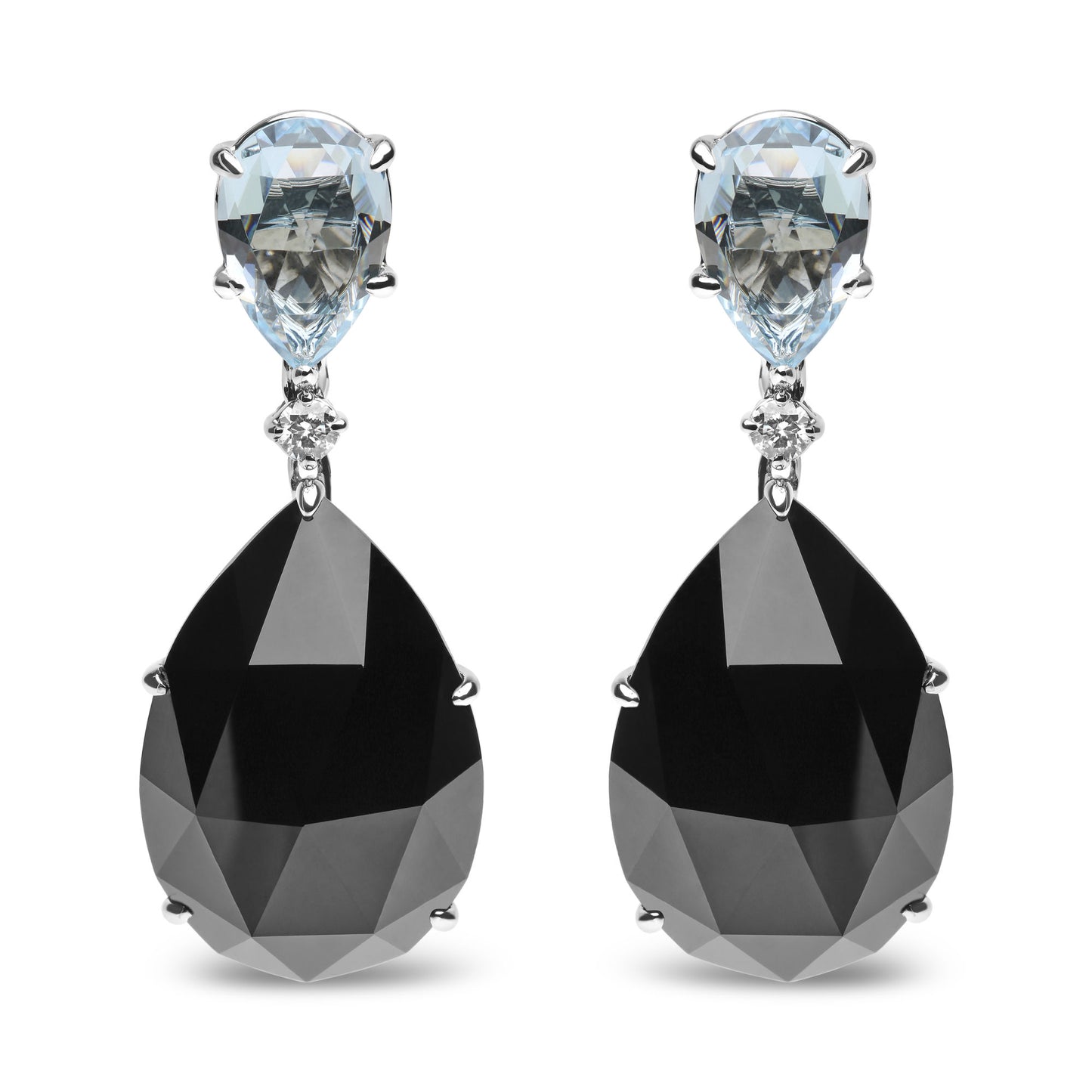 18K White Gold 1/5 Cttw Diamond with Pear Cut Sky Blue Topaz and Pear-Cut Black Onyx Gemstone Dangle Earring (G-H Color, SI1-SI2 Clarity)