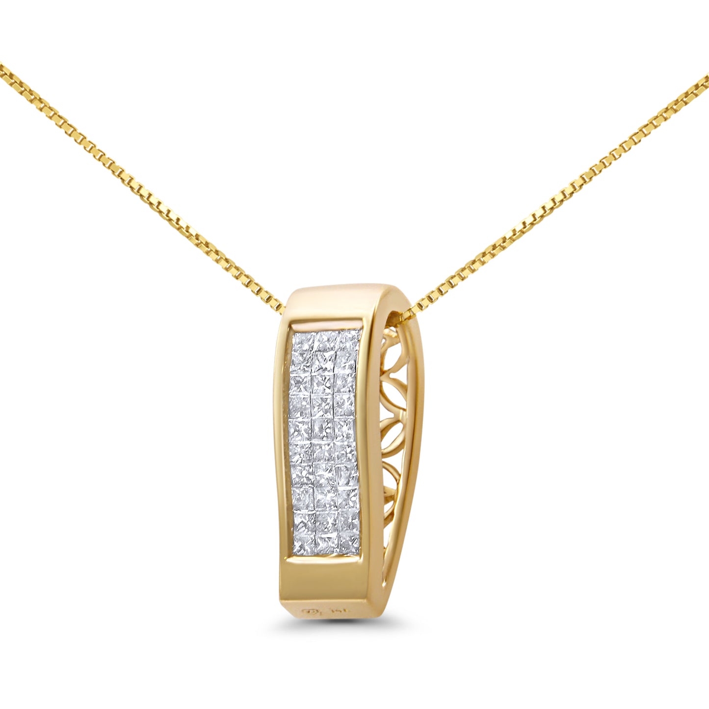 14K Gold 1/2 Cttw Invisible Set Princess Cut Diamond Vertical Bar Block Pendant 18" Necklace (H-I Color, SI2-I1 Clarity)