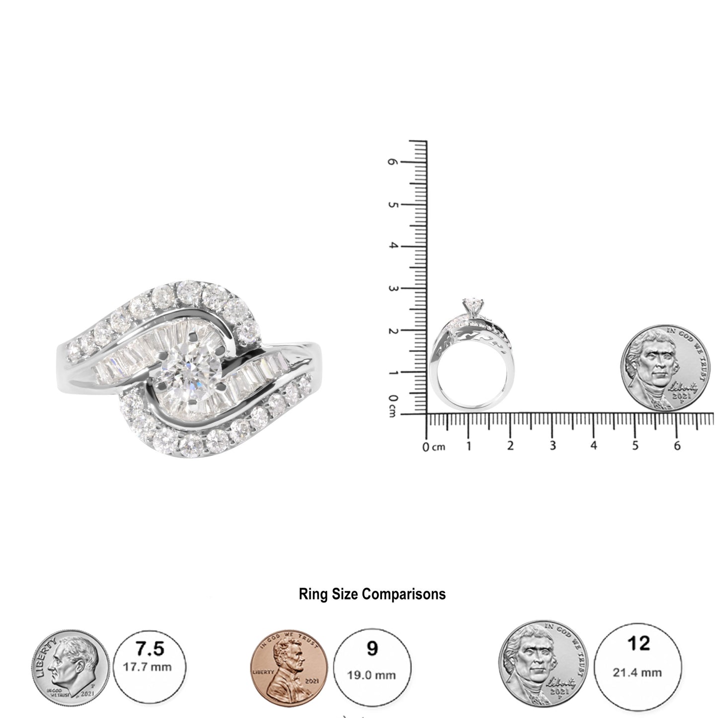 14K White Gold 1.00 Cttw Round and Baguette cut Diamond Swirl Cocktail Ring (H-I Color, SI2-I1 Clarity) - Ring Size 7