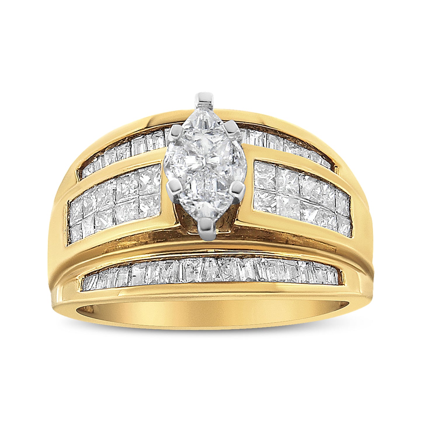 14K Yellow Gold 1 1/2 Cttw Pie, Princess and Baguette-cut Diamond Marquise Shaped Engagement Cocktail Ring Band (H-I Color, I1-I2 Clarity) - Ring Size 7