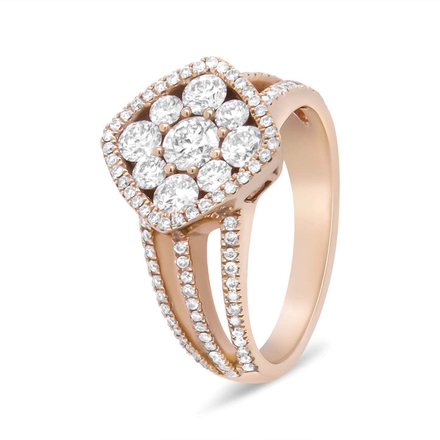 18K Rose Gold 1 1/4 Cttw Diamond Halo Cluster Split Shank Ring Band (F-G Color, VS1-VS2 Clarity) - Ring Size 6.5