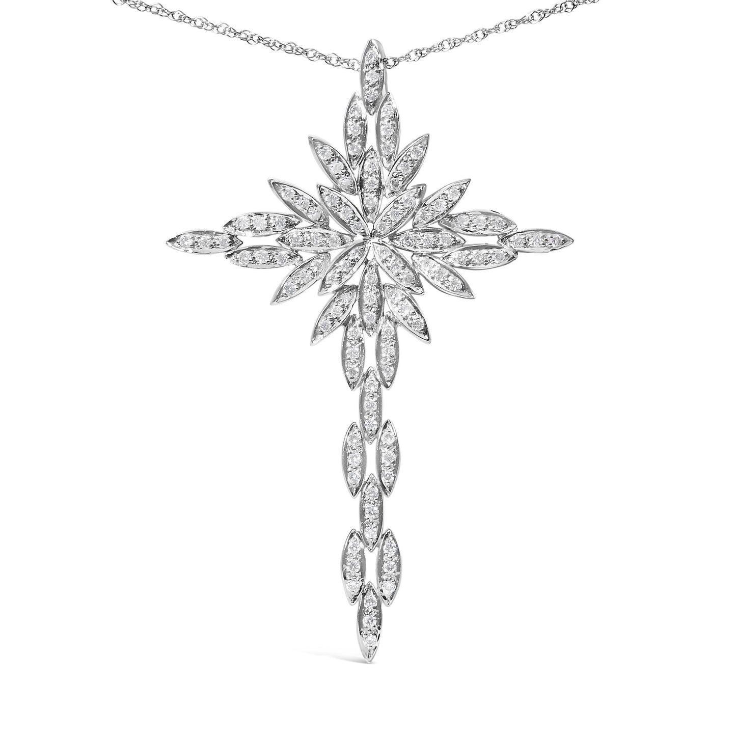 14K White Gold 1.0 Cttw Cocktail Cluster Cross 18" Pendant Necklace (H-I Color, SI1-SI2 Clarity)