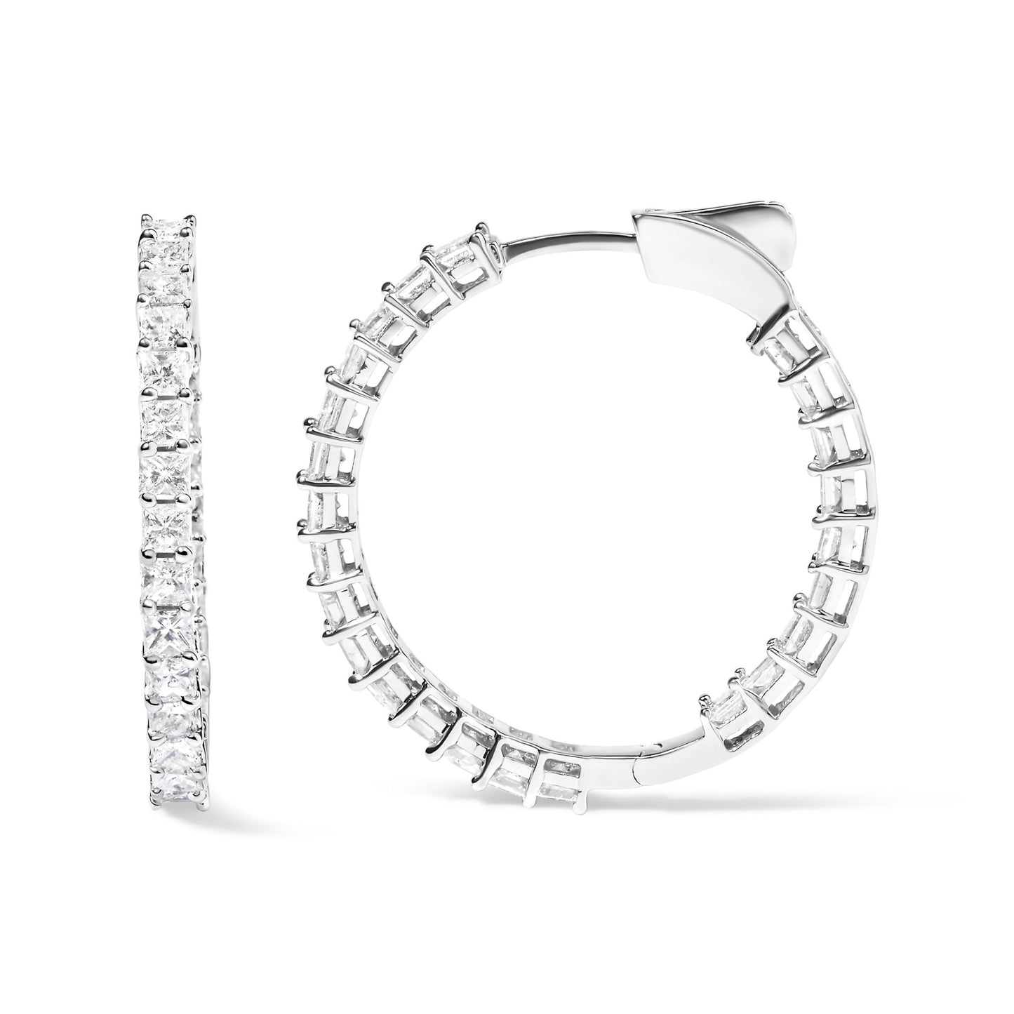 14K White Gold Natural Princess Cut Diamond Inside Out Hoop Earrings (G-H Color, SI2-I1 Clarity)