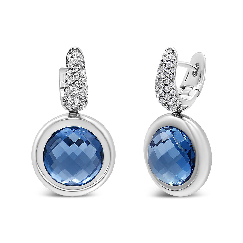 18K White Gold Bezel Set 11mm Blue Topaz and 1/2 Cttw Invisible Set Diamond Bale Dangle Earrings (F-G Color, VS1-VS2 Clarity)