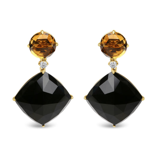 18K Yellow Gold 1/5 Cttw Diamond with Round Yellow Citrine and Cushion Cut Black Onyx Gemstone Dangle Earring (G-H Color, SI1-SI2 Clarity)