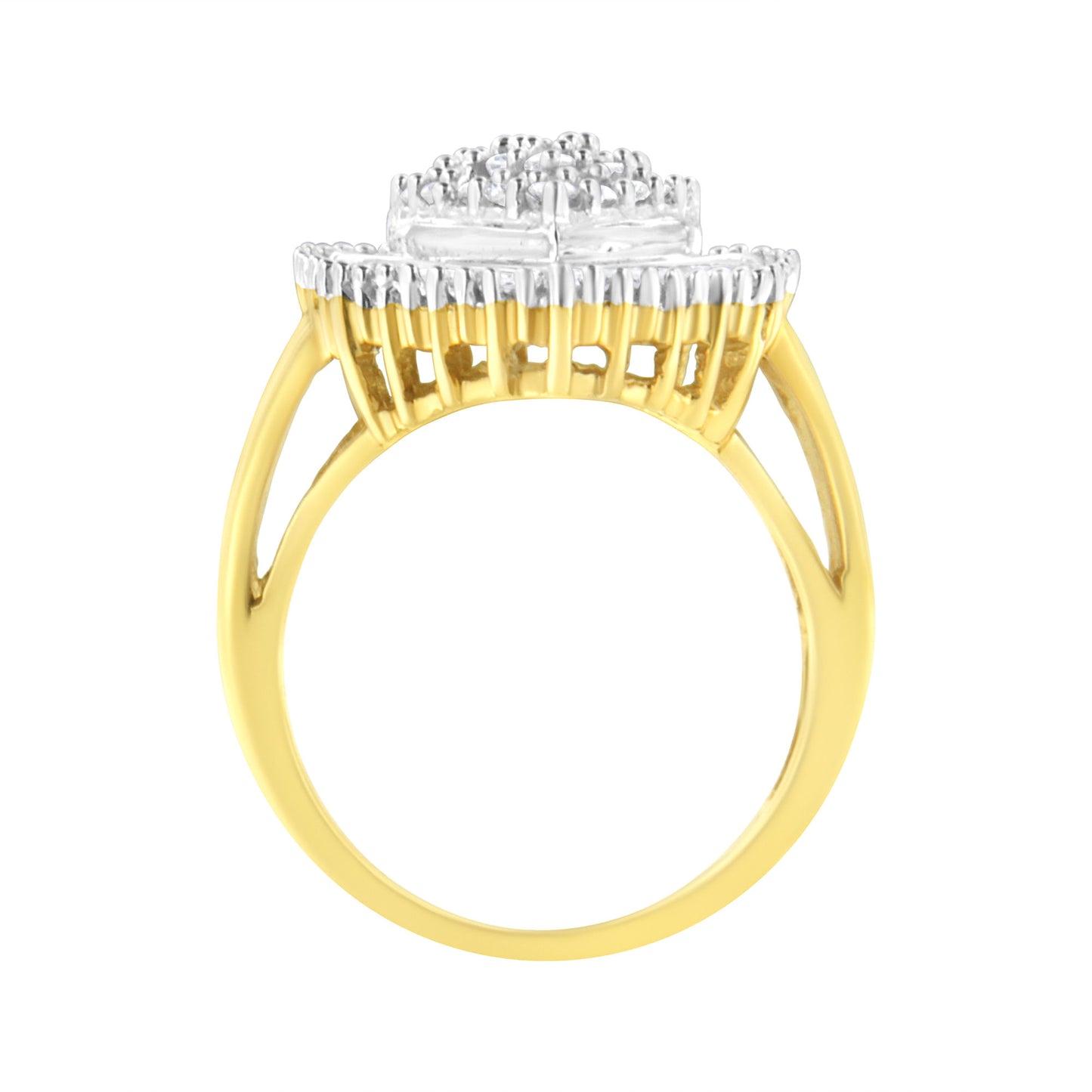 10K Yellow Gold 1.0 Cttw Round and Baguette Cut Diamond Oval Shaped Cluster Ring (I-J Color, I1-I2 Clarity)