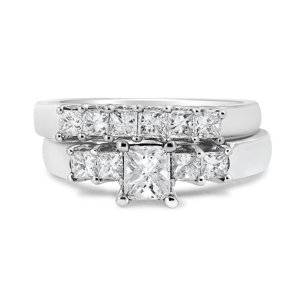 14K White Gold 1 1/2 Cttw 5 Stone Princess Diamond Engagement Wedding Ring Set (H-I Color, SI2-I1 Clarity) - Ring Size 7