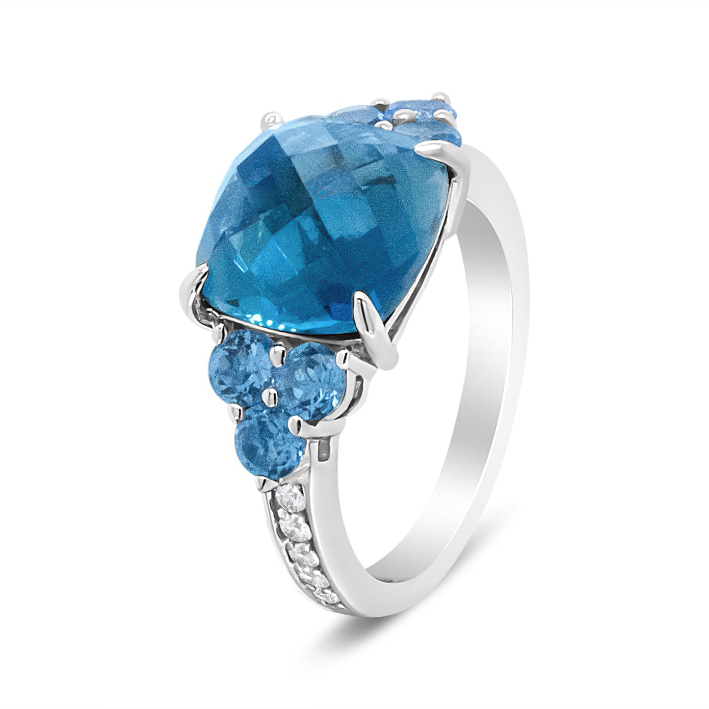 18K White Gold 10mm Cushion Shaped Blue Topaz and 1/6 Cttw Diamond 3 Stone Style Ring (F-G Color, VS1-VS2 Clarity) - Ring Size 6.5