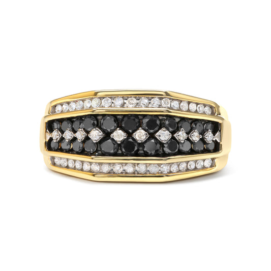 Men's 10K Yellow Gold 1 1/2 Cttw White and Black Treated Diamond Cluster Ring (Black / I-J Color, I2-I3 Clarity)