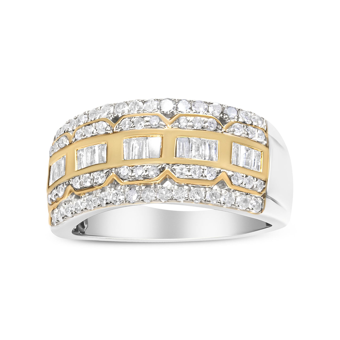 10K White and Yellow Gold 1.00 Cttw Baguette and Round cut Diamond Art Deco Multi-Row Ring Band (I-J Color, I1-I2 Clarity)