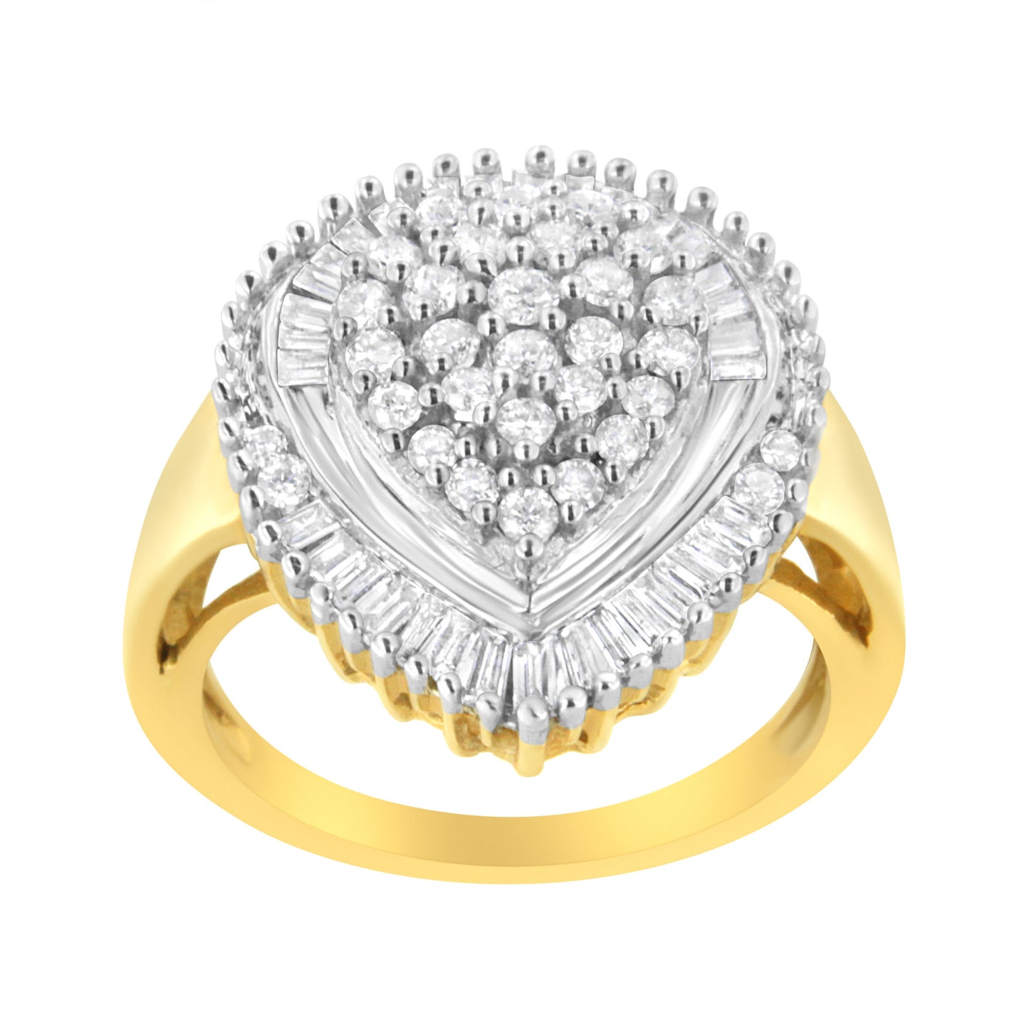 10K Yellow Gold 1.0 Cttw Round and Baguette Cut Diamond Oval Shaped Cluster Ring (I-J Color, I1-I2 Clarity)