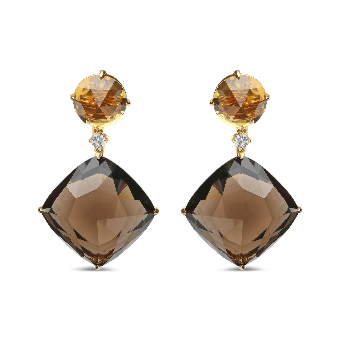 18K Yellow Gold 1/5 Cttw Diamond with Round Yellow Citrine and 25mm Cushion Cut Smoky Quartz Gemstone Dangle Earring (G-H Color, SI1-SI2 Clarity)