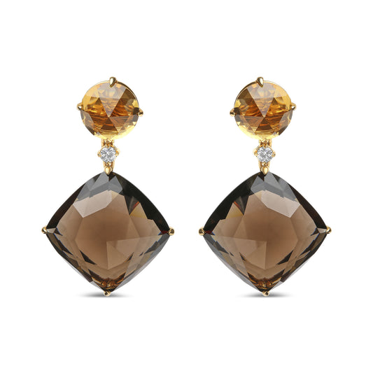 18K Yellow Gold 1/5 Cttw Diamond with Round Yellow Citrine and 25mm Cushion Cut Smoky Quartz Gemstone Dangle Earring (G-H Color, SI1-SI2 Clarity)