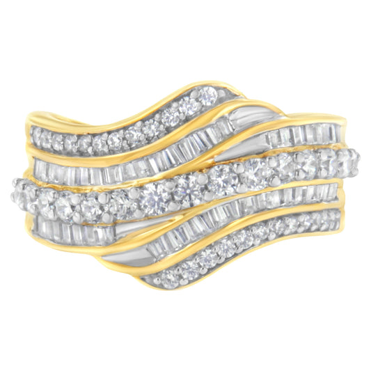 10K Yellow Gold 1.0 Cttw Baguette and Round Diamond Multi-Row Wave Bypass Ring (I-J Color, I1-I2 Clarity)