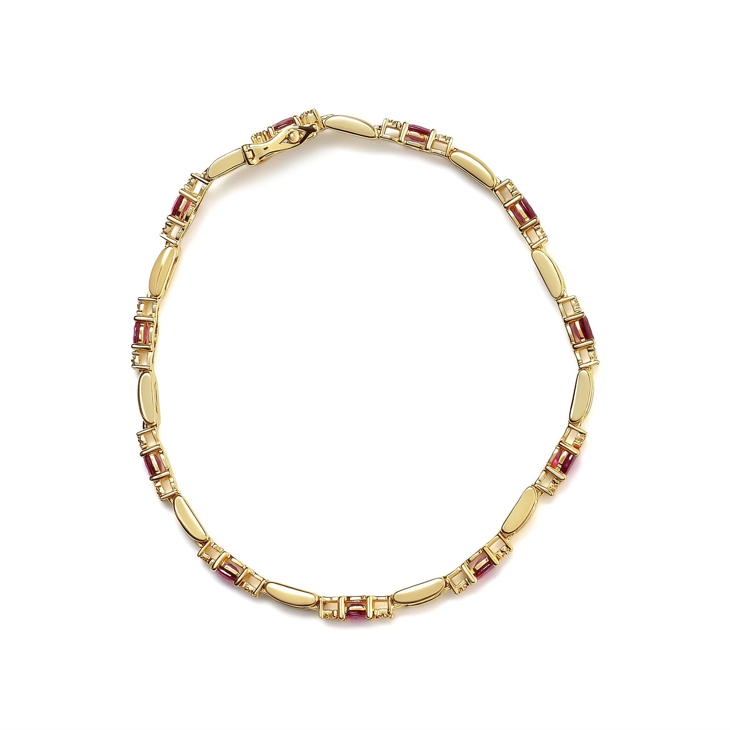 10K Yellow Gold Oval Ruby and 1/10 Cttw Diamond Bar Prong Set Bracelet (H-I Color, SI1-SI2 Clarity) - Size 7"