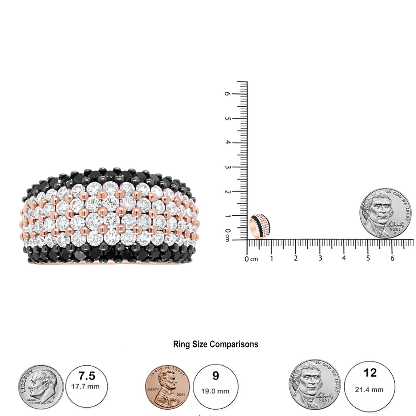 18K Rose Gold 2 1/5 Cttw Black and White Diamond 6 Row Band Ring (F-G and Black Color, VS1-VS2 Clarity) - Ring Size 7