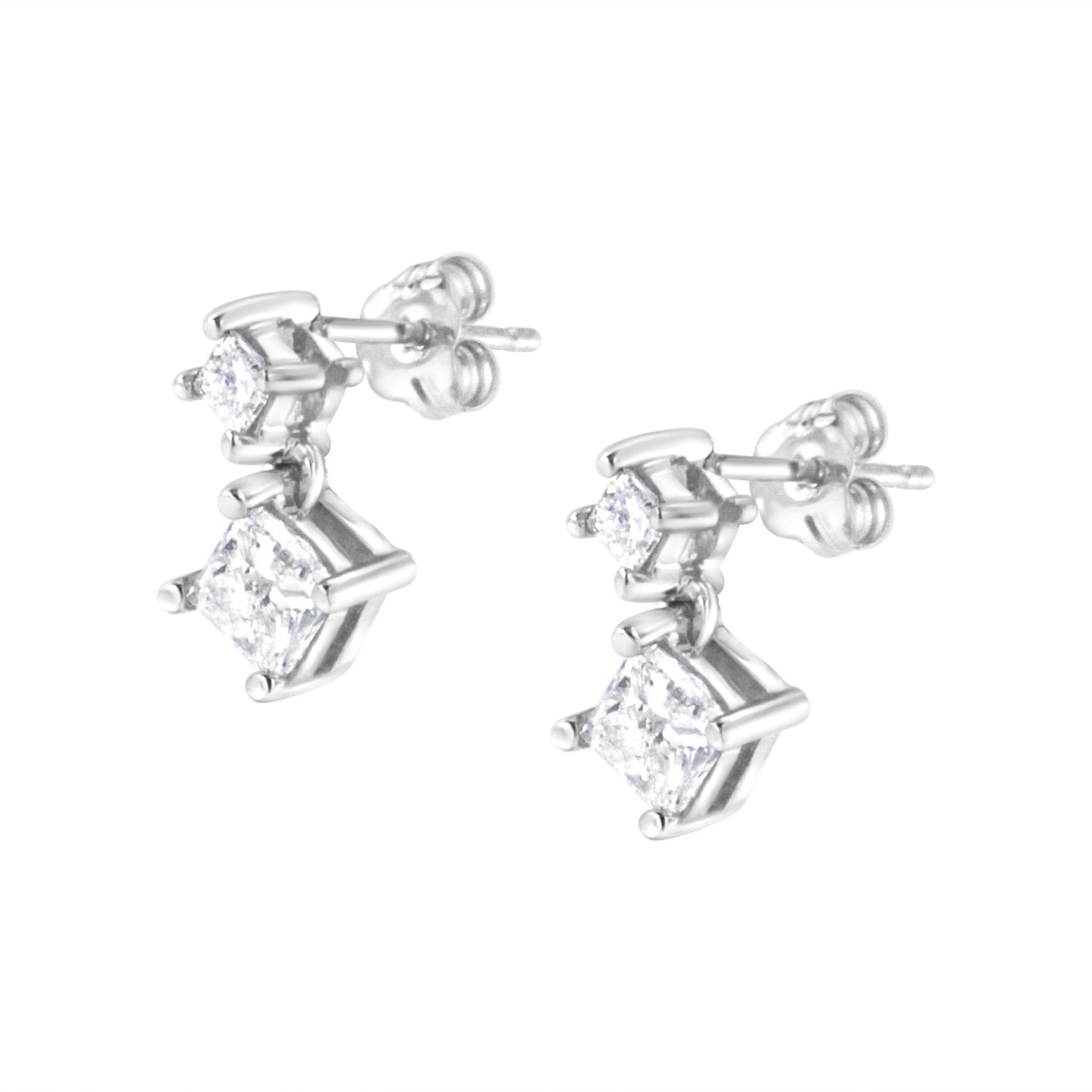 14K White Gold 1.0 Cttw Princess-Cut Double Diamond Drop Stud Earrings for Women (H-I Color, I1-I2 Clarity)