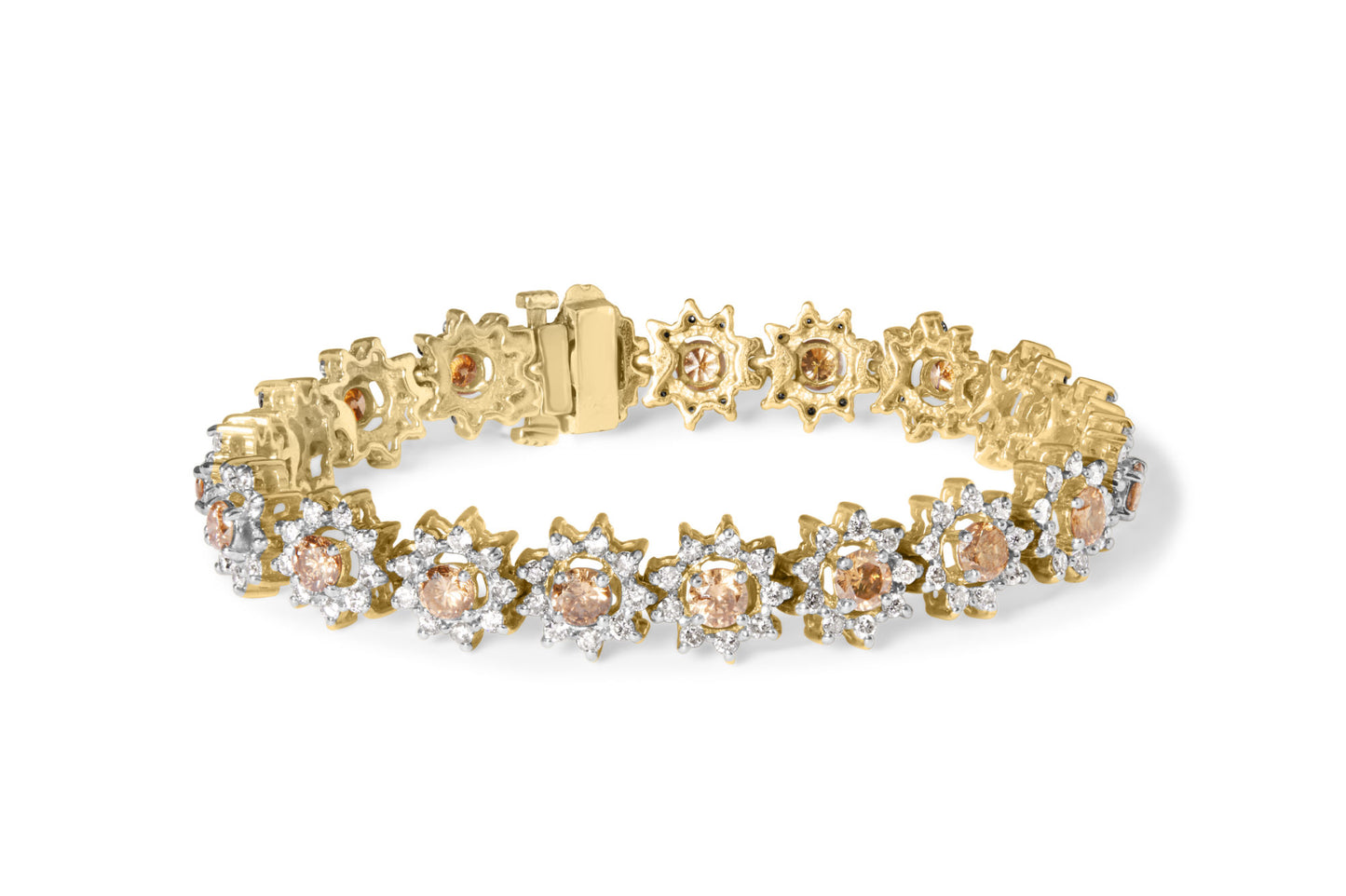 14K Yellow Gold 8.00 Cttw Champagne Diamond Floral Cluster Halo Link Bracelet (H-I Color, I1-I2 Clarity)