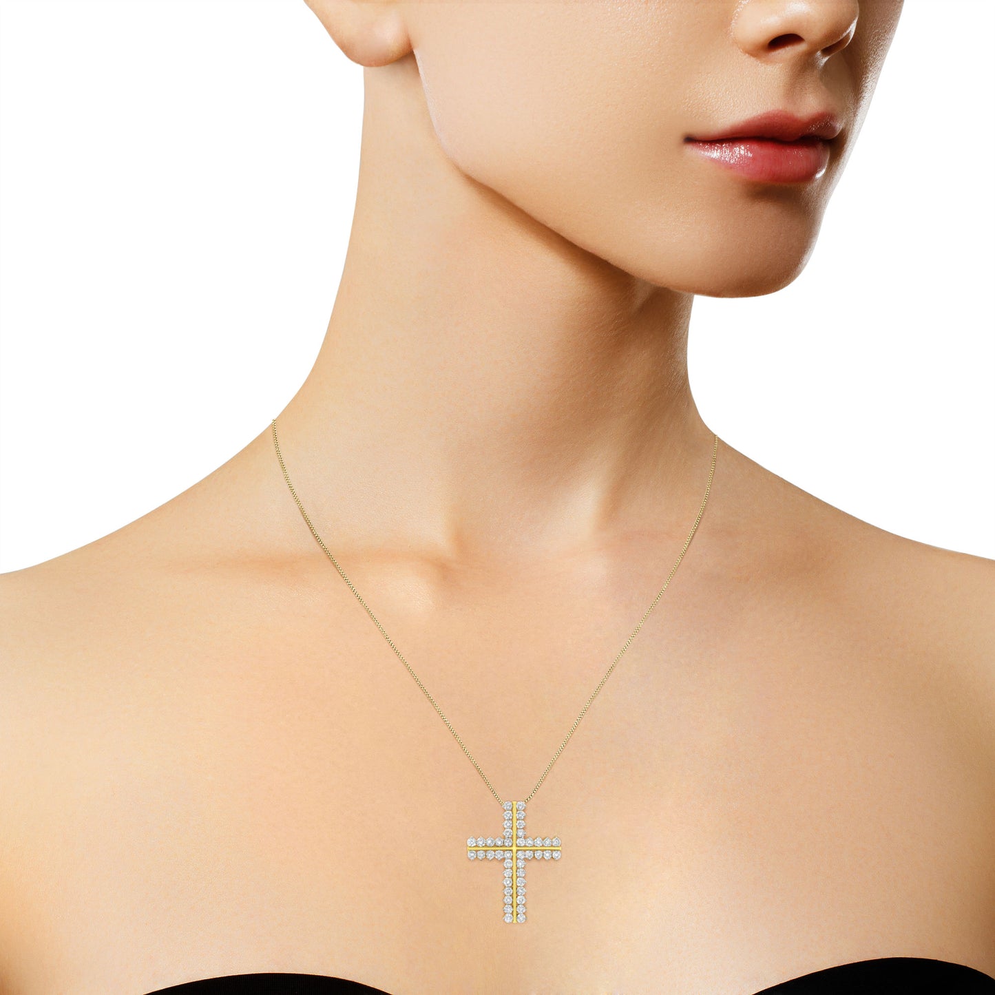 10K Yellow Gold 4.0 Cttw Diamond Two Row Cross 18" Pendant Necklace (J-K Clarity, I1-I2 Color)