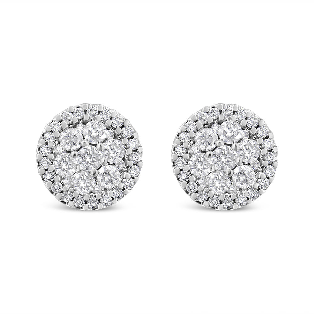 14K White Gold 1.0 Cttw Brilliant-Cut Diamond Halo-Style Cluster Round Button Stud Earrings (H-I Color, I1-I2 Clarity)